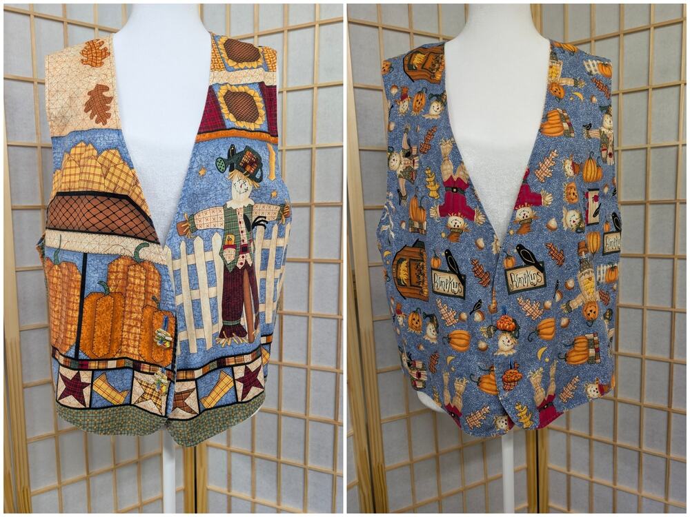 Vtg Handmade Reversible Vest Halloween Autumn Fall Pumpkin Scarecrow Sunflower